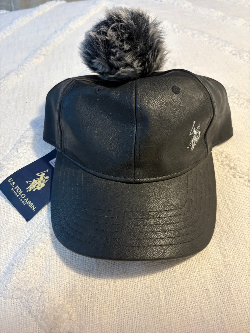 Y2K U.S. Polo Assn. Black Faux Leather Cap with Gray Pom
